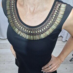 Item 21 – Golden Sun: Suzy Shier Tribal Gold Detailing Black A-Line Mini Dress